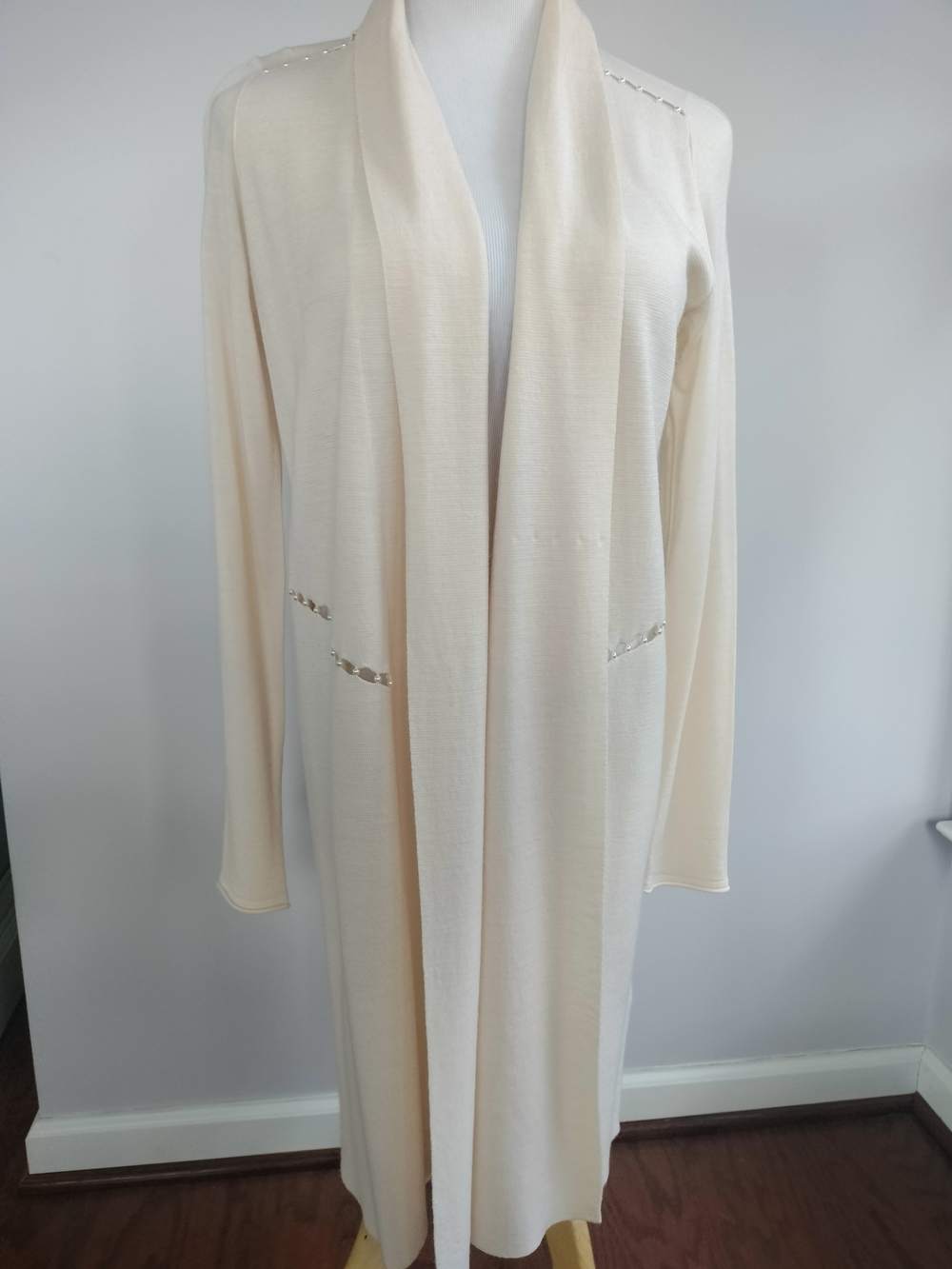 Elie Tahari Cream Open-Front Long Cape Jacket-Pear Accents Sweater Type Cover